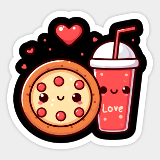 Kawaii Pizza and Diet Coke with Red Hearts | Cute Pizza Illustration Sticker